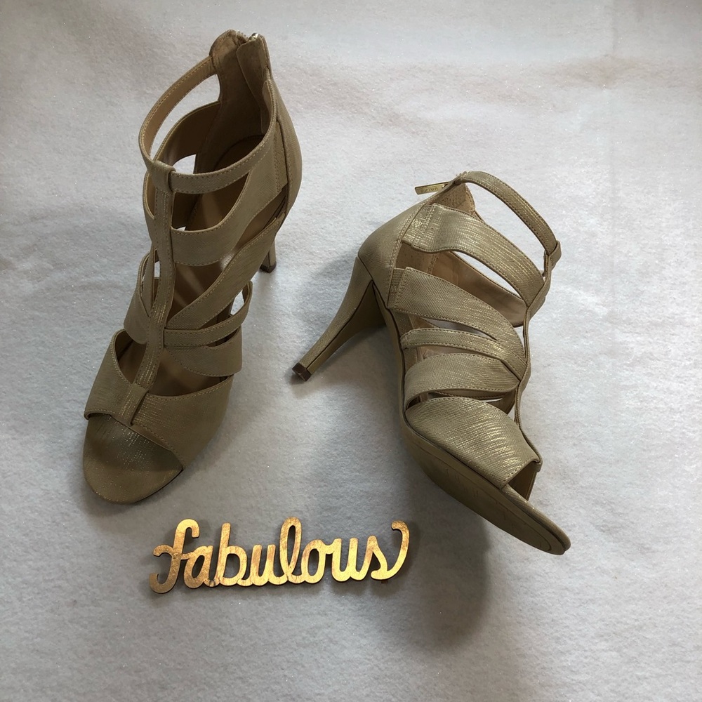 3 inch pump Heel Strappy & Shimmery Gold Color Open Toe Prom Wedding Shoe sz 8.5